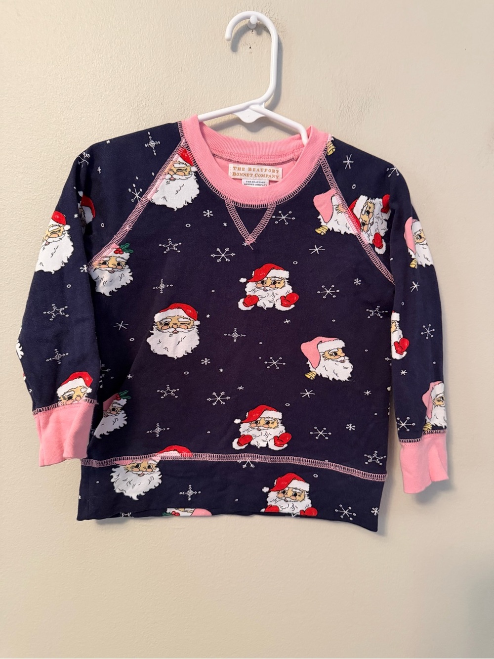 The Beaufort Bonnet Company Navy Santa Print Crewneck with Pink Trim